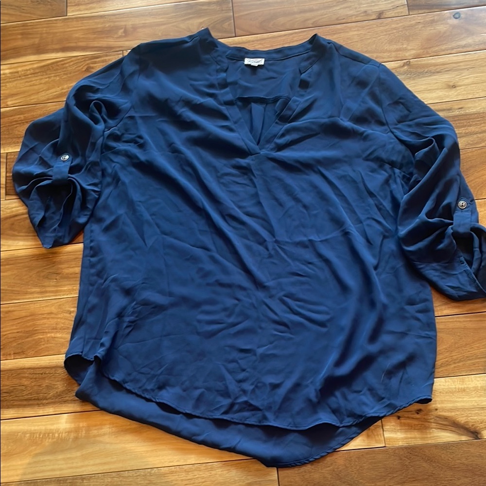 Kismet Blue 3/4 Sleeve Relaxed Blouse with Mandarin Collar